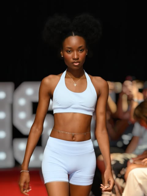 Model in a blue athletic outfit walking the runway, photographed by shotbyman2x